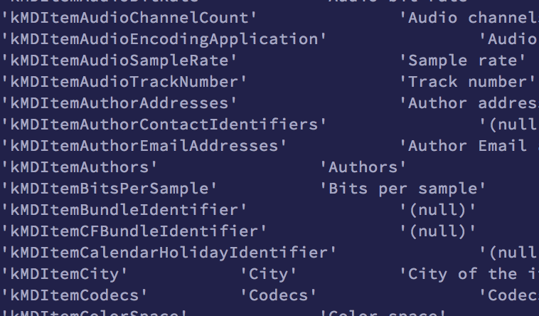 Sample `mdimport -A` output
