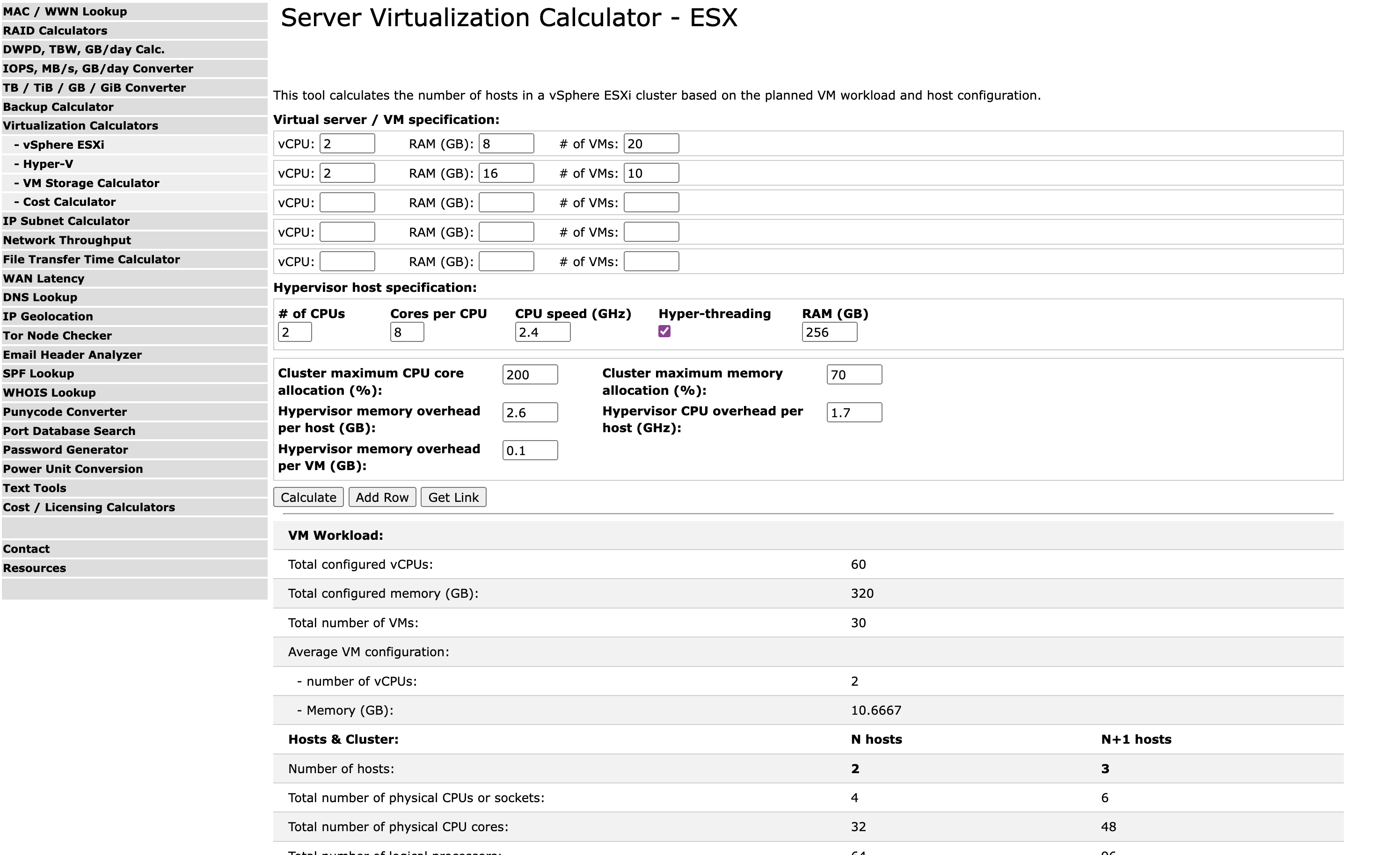 A screenshot of wintelguy.com's "Server Virtualization Calculator" for ESX servers. It's very complex, with multiple entry fields for: vCPU, RAM, # of VMs, the cores per CPU, the cluster maximum CPU core, and more.