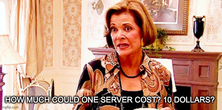 A meme from Arrested Development. Lucille Bluth is speaking. The text reads, "How much could one server cost? 10 dollars?"