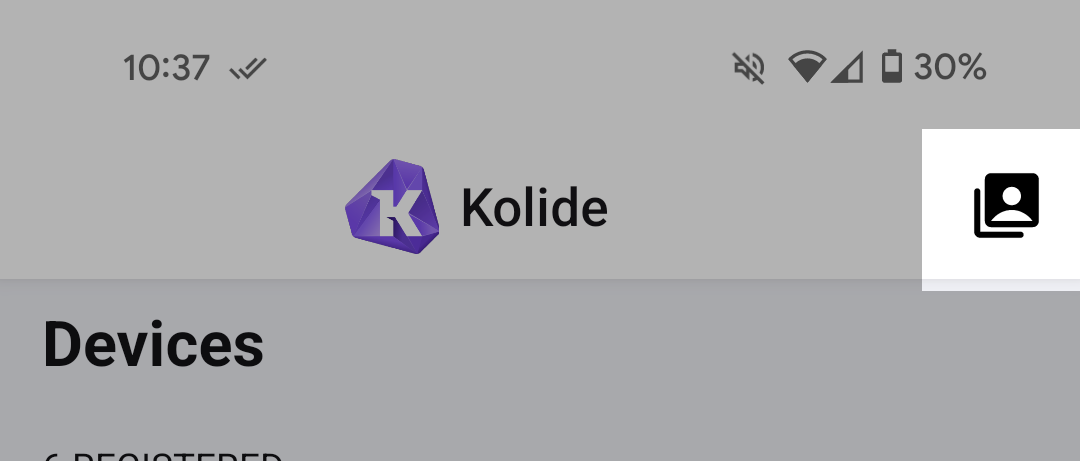 A cropped screenshot of the top app bar of the Kolide Mobile app. The icon on the right is highlighted to indicate the button to press to open the registrations list screen.
