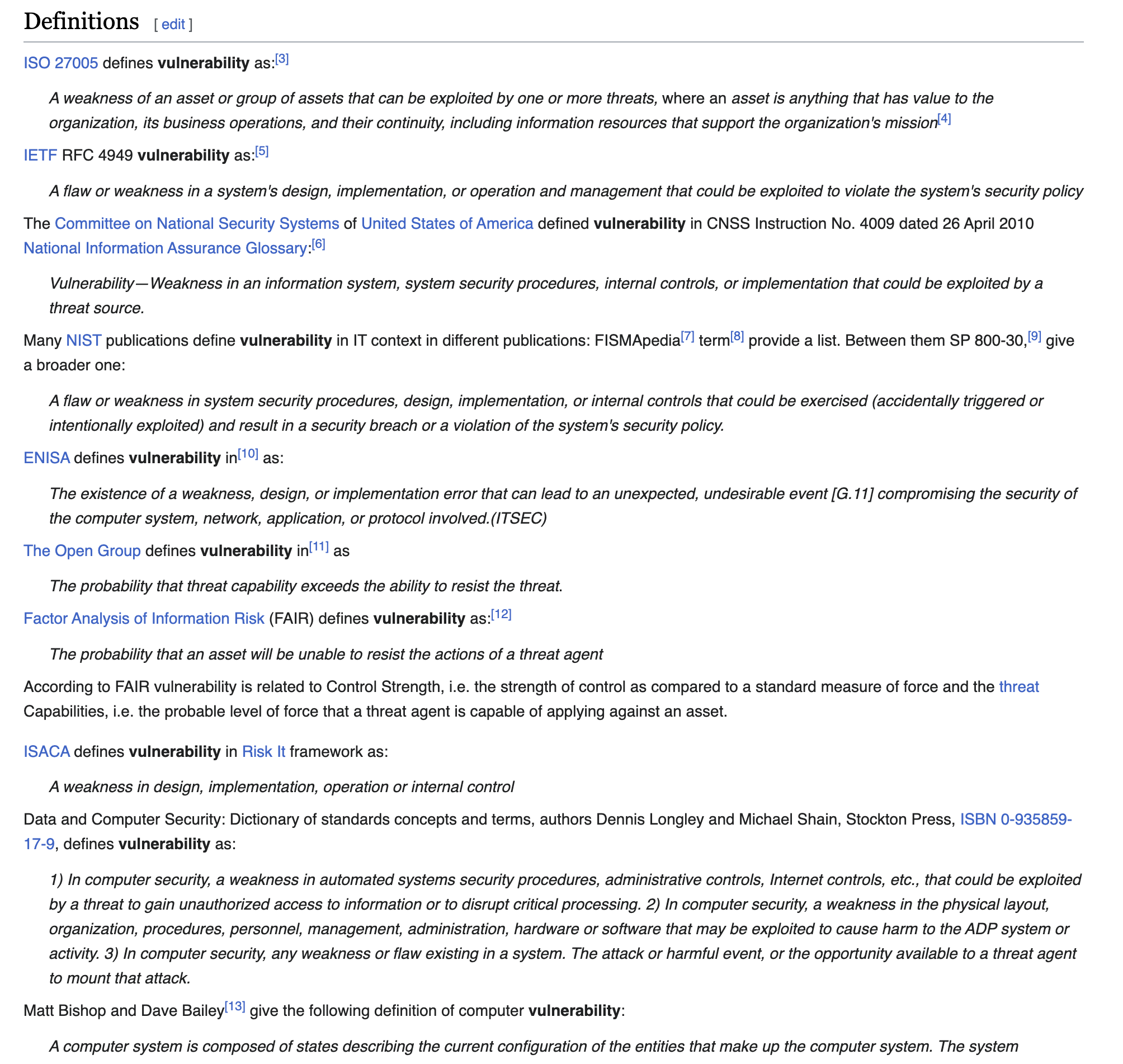 A screenshot of the wikipedia page listing different definitions of "vulnerability" in the computing sense.