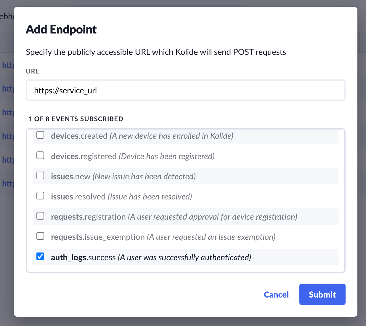 An image showing the modal that appears after a user clicks the "add endpoint" button. This modal has the checkbox for 'auth_log.success' checked.