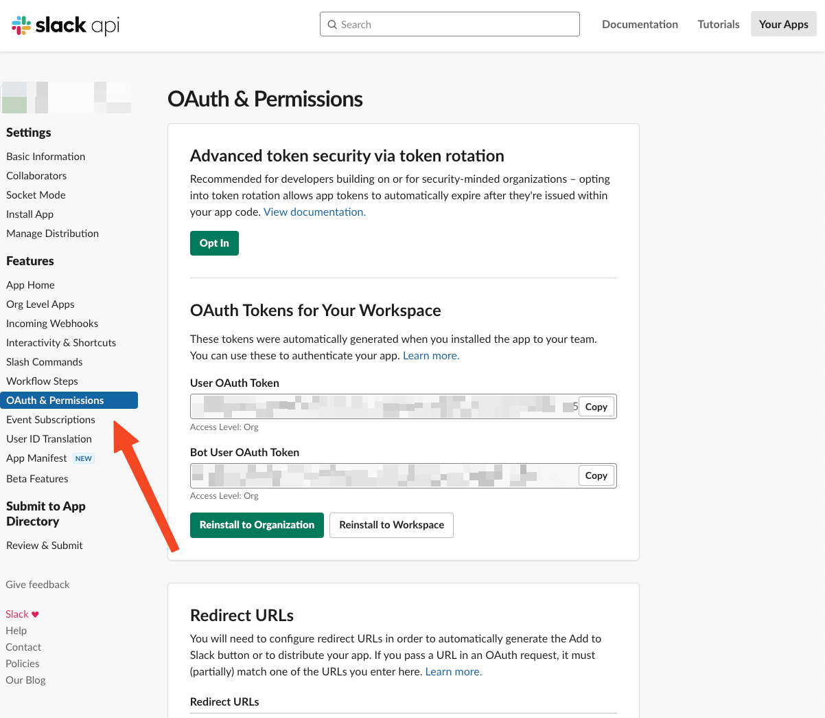 An image showing the user where to locate the 'OAuth & Permissions' tab in the slack settings.