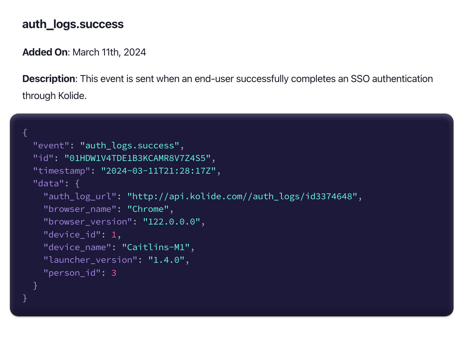 An image showing a screenshot of our auth_log_success webhook documentation