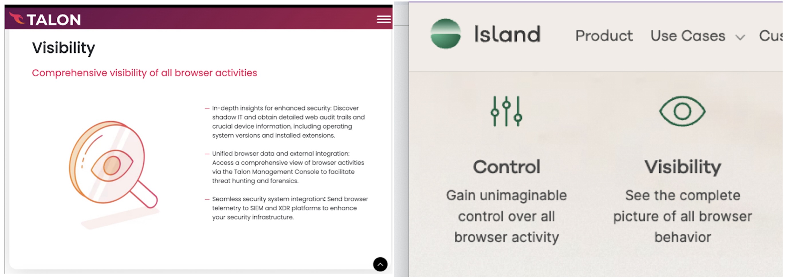 Two screenshots from the Talon and Island websites. Each features a simplified graphic of an eyeball next to a description of their browser's "visibility on browser activities."