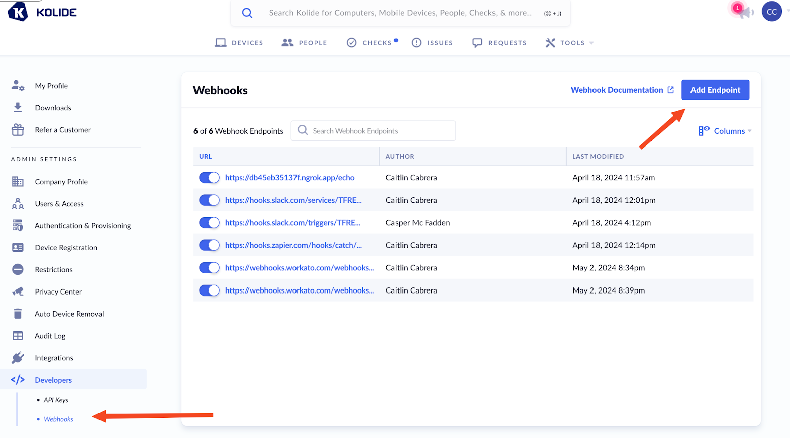 An image showing the path a user takes in the Kolide UI to add a webhook