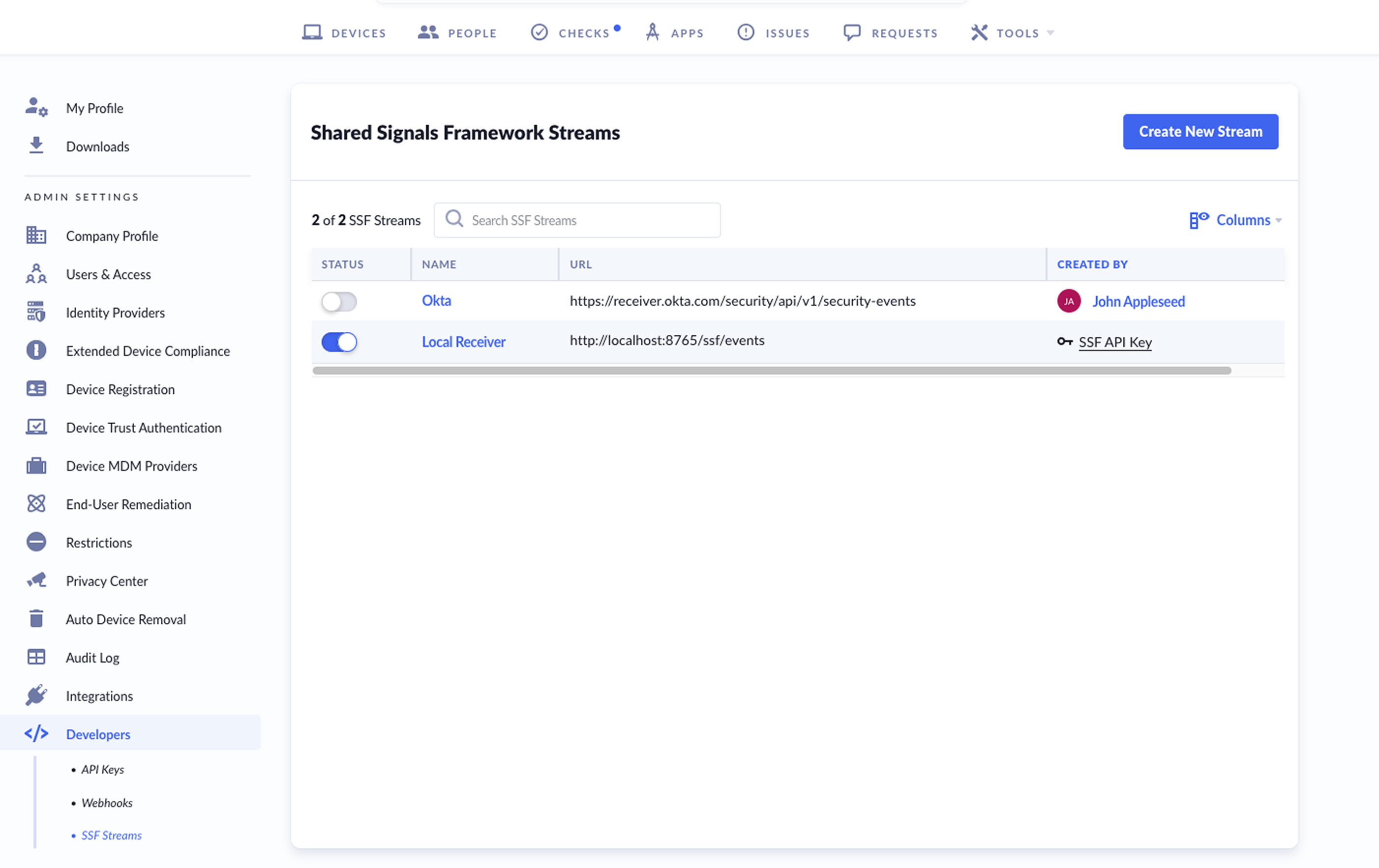 An image showing the user interface for managing shared signals framework streams