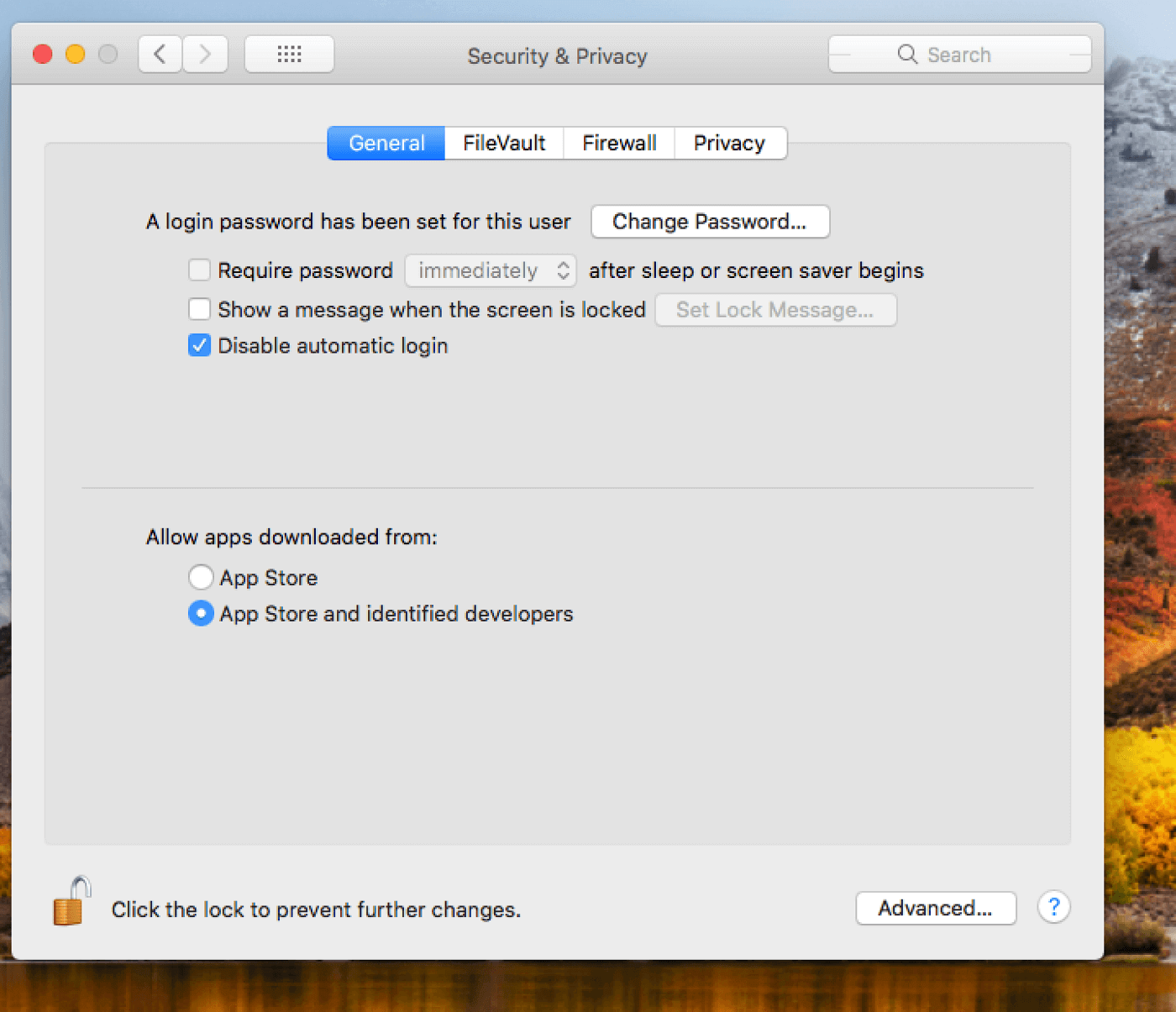 A screenshot of the security and privacy settings window on macOS