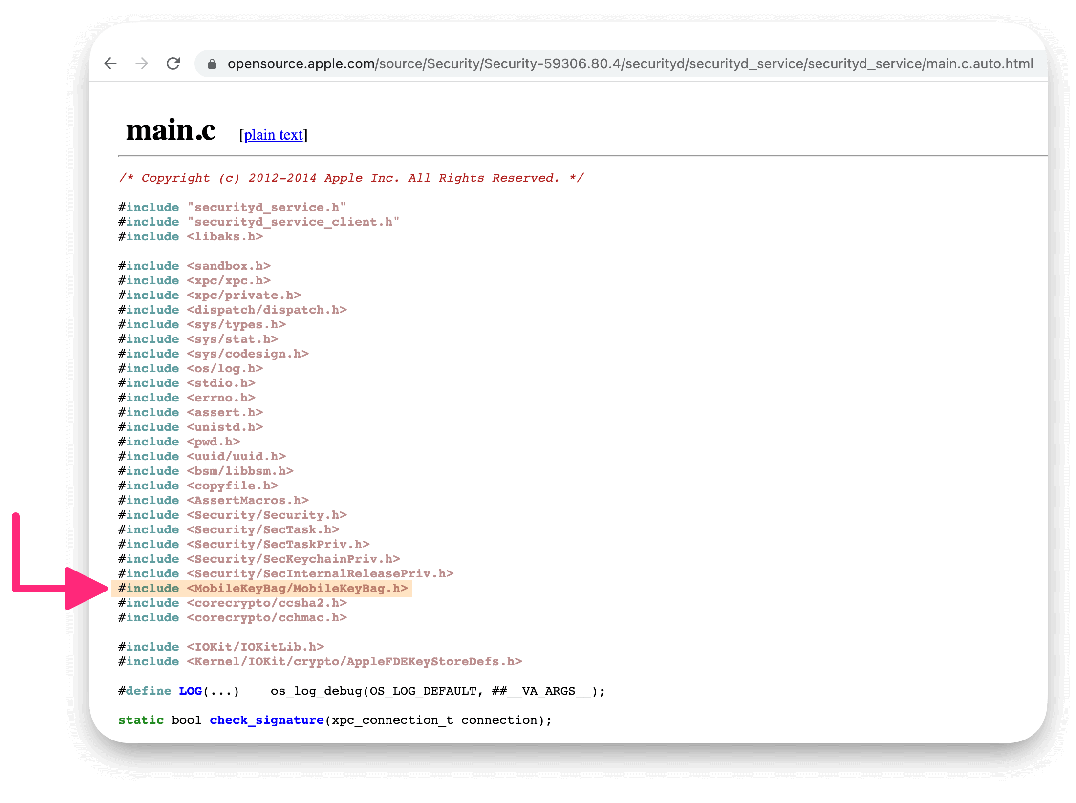 A screenshot of the source code for the main.c file of the securityd_service with the line "#include <MobileKeyBag/MobileKeyBag.h" highlighted