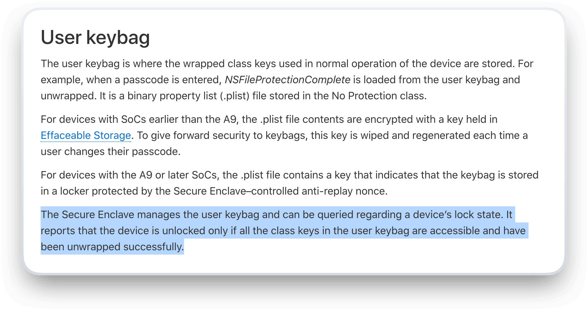 A screenshot of the Apple Developer Documentation describing the User Keybag. The full text can be found at https://support.apple.com/guide/security/keybags-for-data-protection-sec6483d5760/web