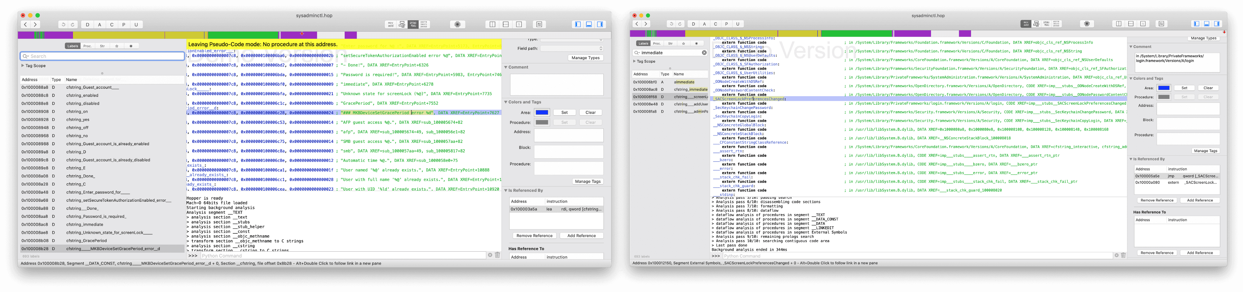 Side by side screenshots of the Hopper disassembler with the assembly of systemctl binary on the screen