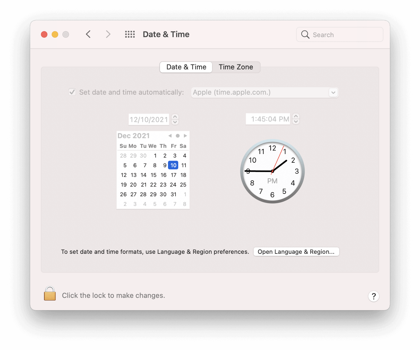 The macOS preferences panel showing the Date & Time preferences