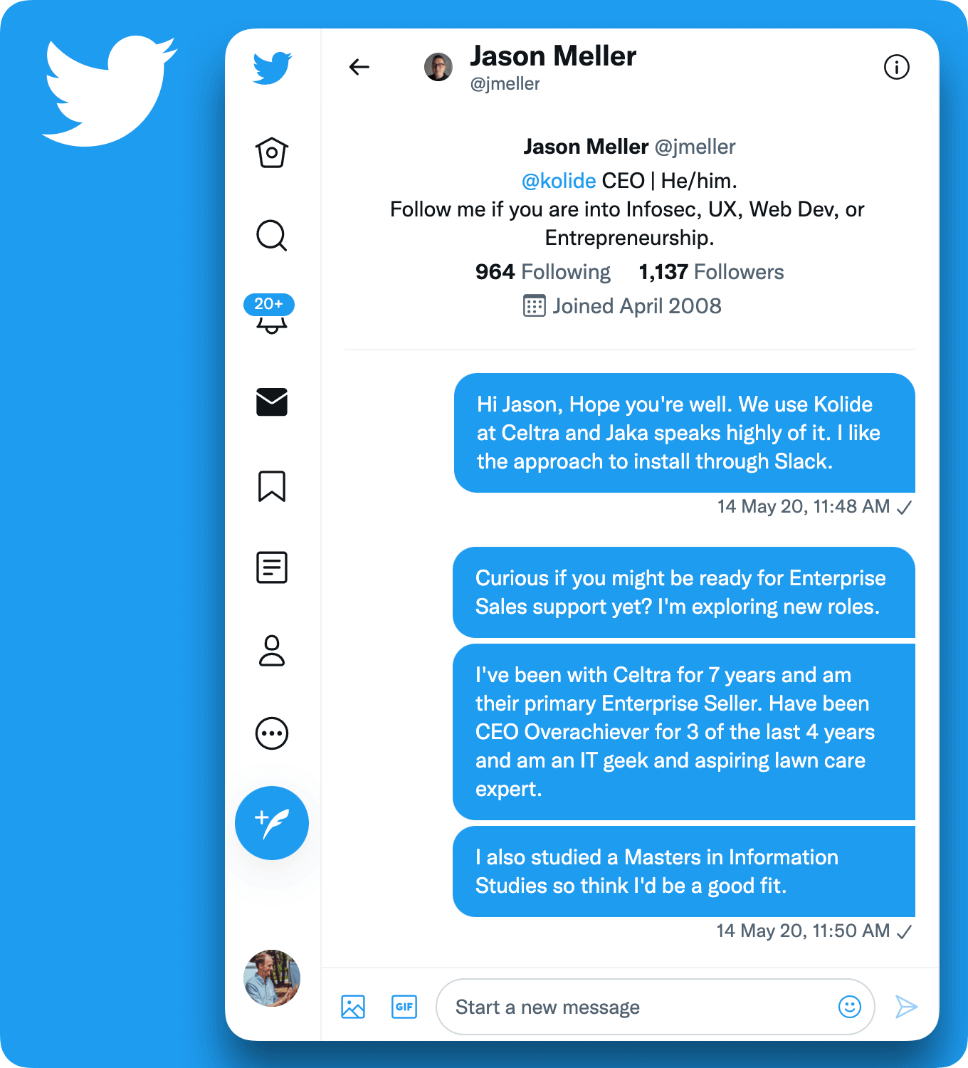 A screenshot of a Twitter DM between Harry and Jason Meller. Harry's messages read: Hi Jason, hope you're well. We use Kolide at Celtra and Jaka speaks highly of it. I like the approach to install through Slack. Curious if you might be in need for Enterprise Sales support yet? I'm exploring new roles. I've been with Celtra for 7 years and I am their primary Enterprise Seller. Have been CEO Overachiever for 3 of the last 4 years and I am an IT geek and aspiring lawn care expert. I also studied a Masters in Information Studies so think I'd be a good fit.