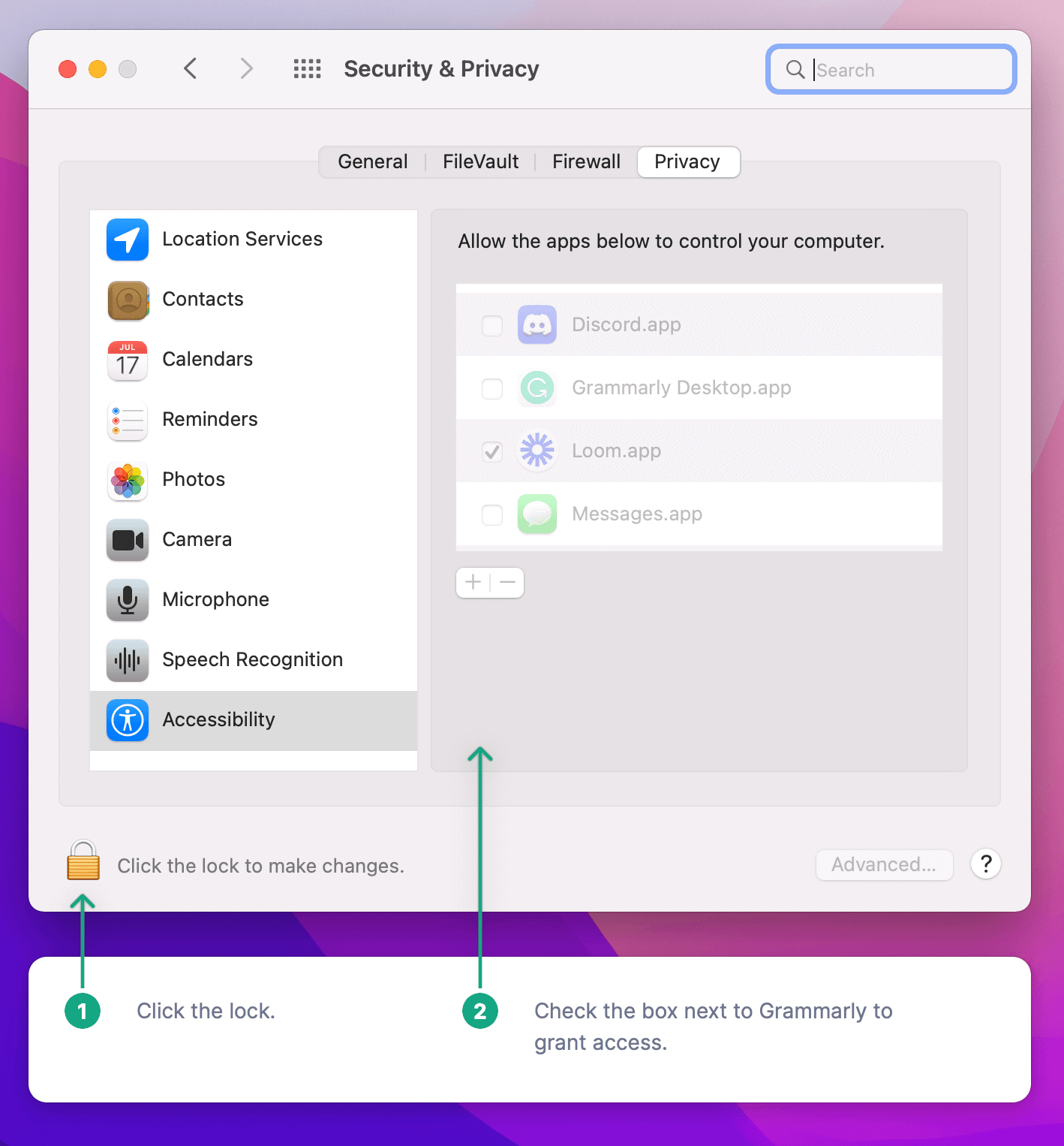 A screenshot of the System Preferences app showing the Security pane. On the bottom of the app Grammarly has anchored its own window with arrows that direct the user to unlock the pane and check the box next to Grammarly which will instantly grant it the accessibility permissions.