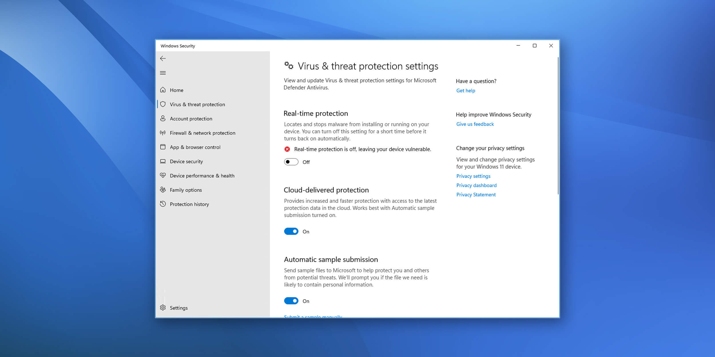 A screenshot depicting several key settings of Windows Defender.