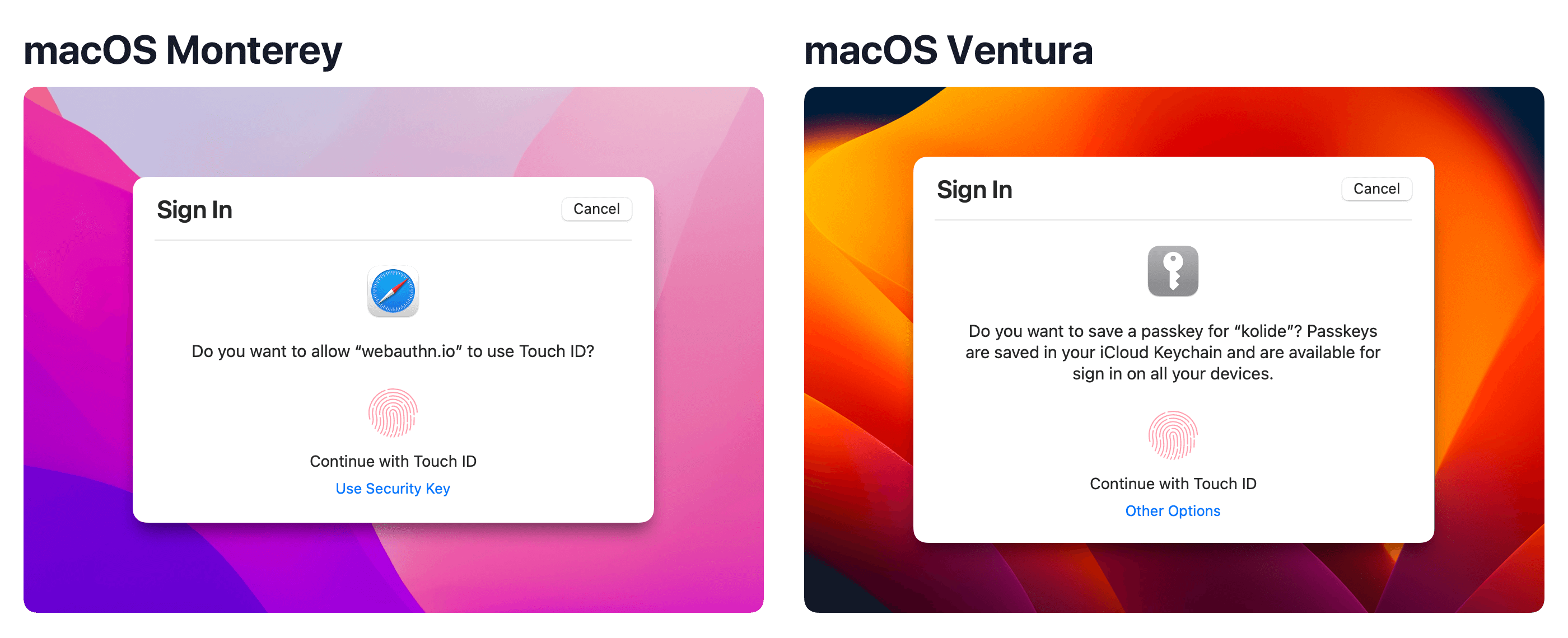 Side by side screenshots macOS Monterey and macOS Ventura and macOS the showing Webauthn sign in prompts. The Ventura prompt now asks the user to save a passkey