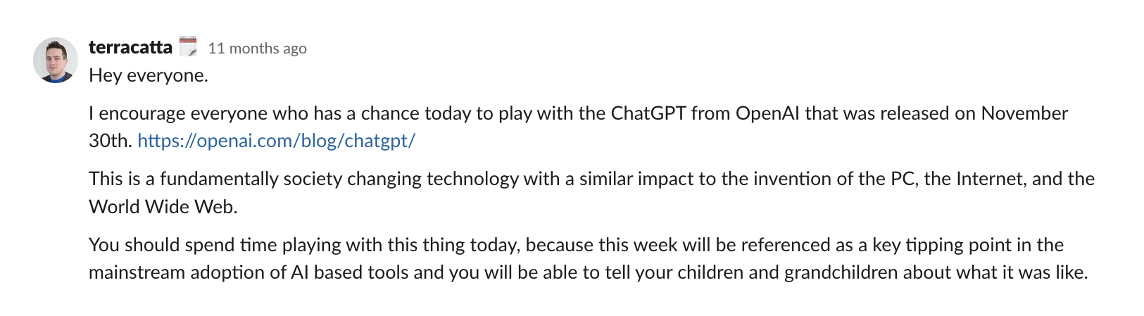 A screenshot of Kolide CEO Jason Meller's Slack message to the company advocating to use AI products like ChatGPT when they were launched to better understand the changing technology landscape.