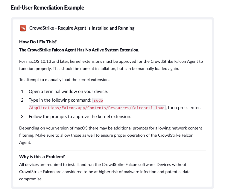 A screenshot of end user remediation steps for the CrowdStrike - Require Agent Is Instaled and Running check.