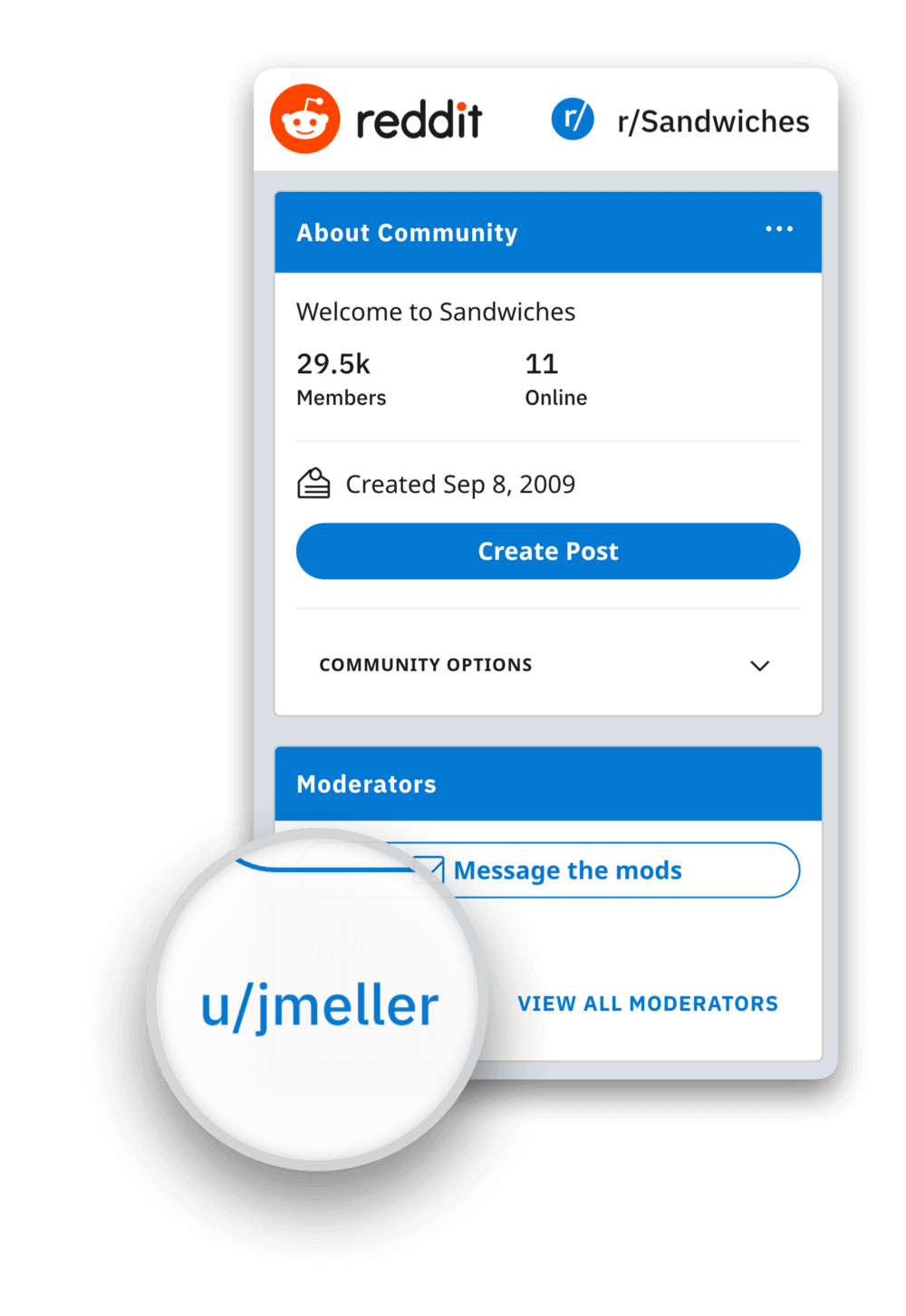 A screenshot of reddit.com showing u/jmeller is the moderator of the r/sandwiches subreddit