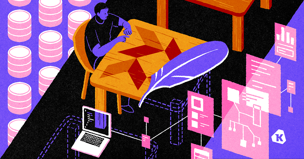 An illustration showing someone making a physical table with the osquery logo inlaid into the surface with the SQLite logo laying on top