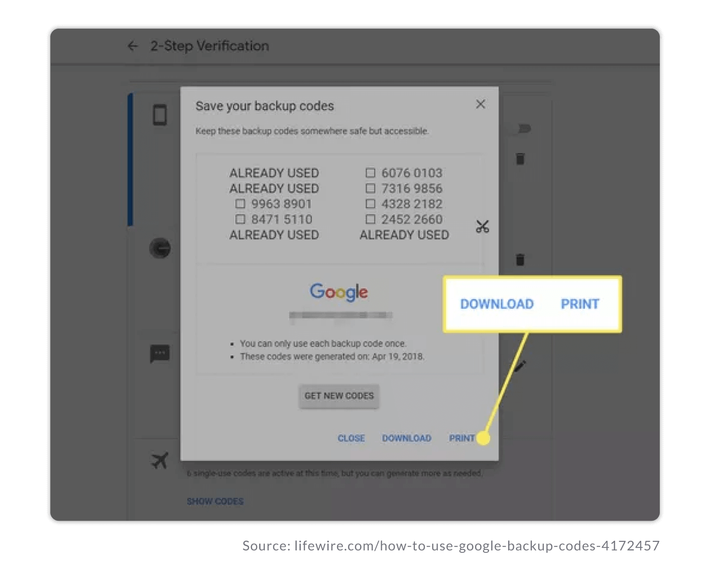 A screenshot of the Google account 2-step verification screen where the user is prompted to save their backup codes