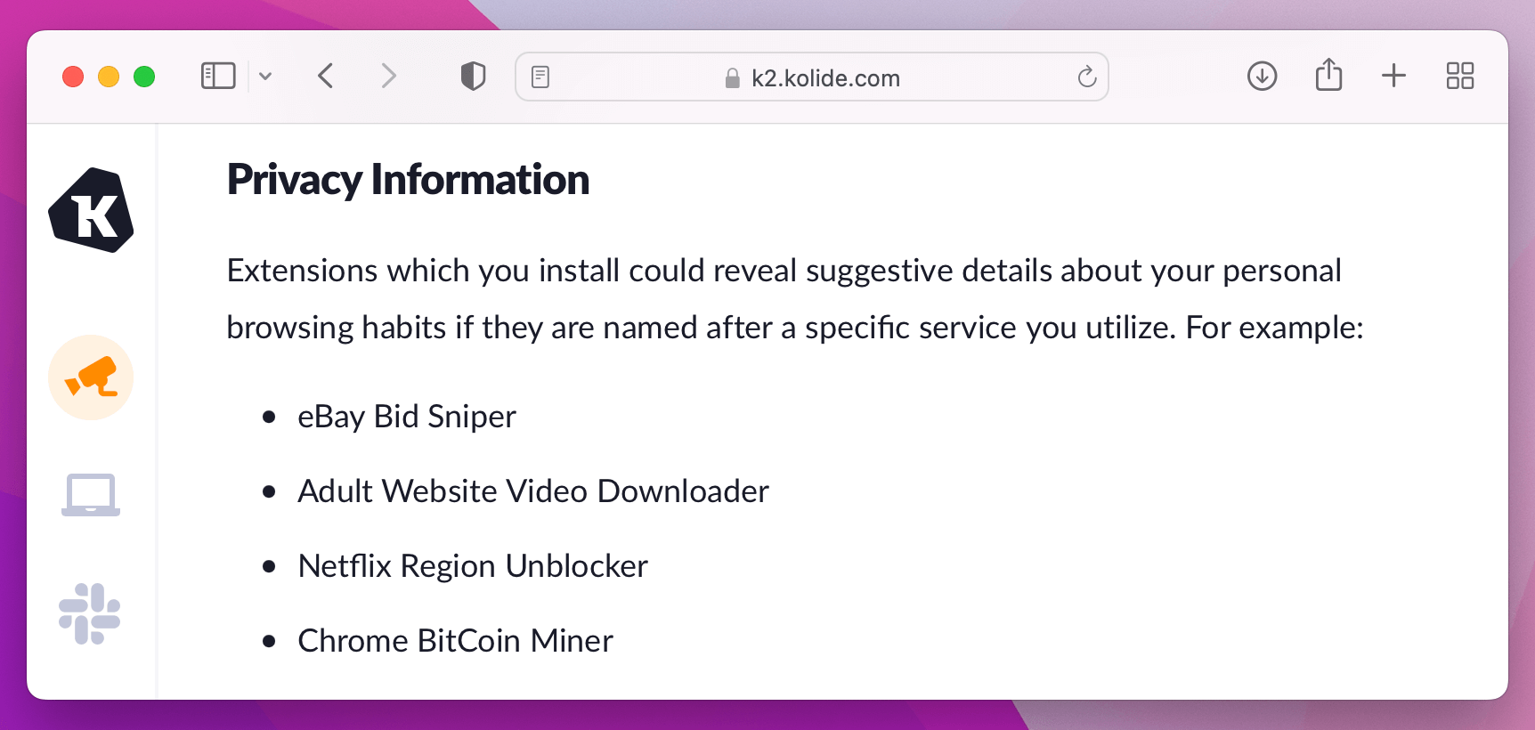 A screenshot of Kolide's privacy center explaining that Google Chrome extensions can reveal personal information, such as a Netflix region unblocker or a Bitcoin miner
