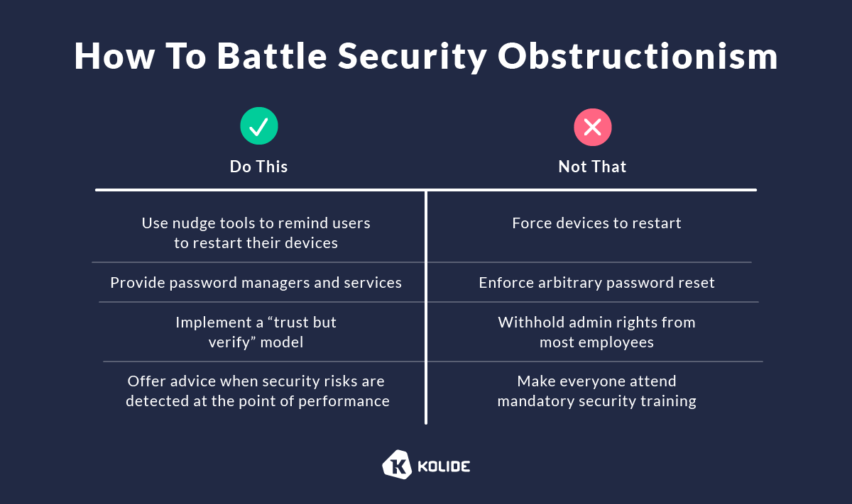 A graphic that shares things to do and not to do, when battling security obstructionism.