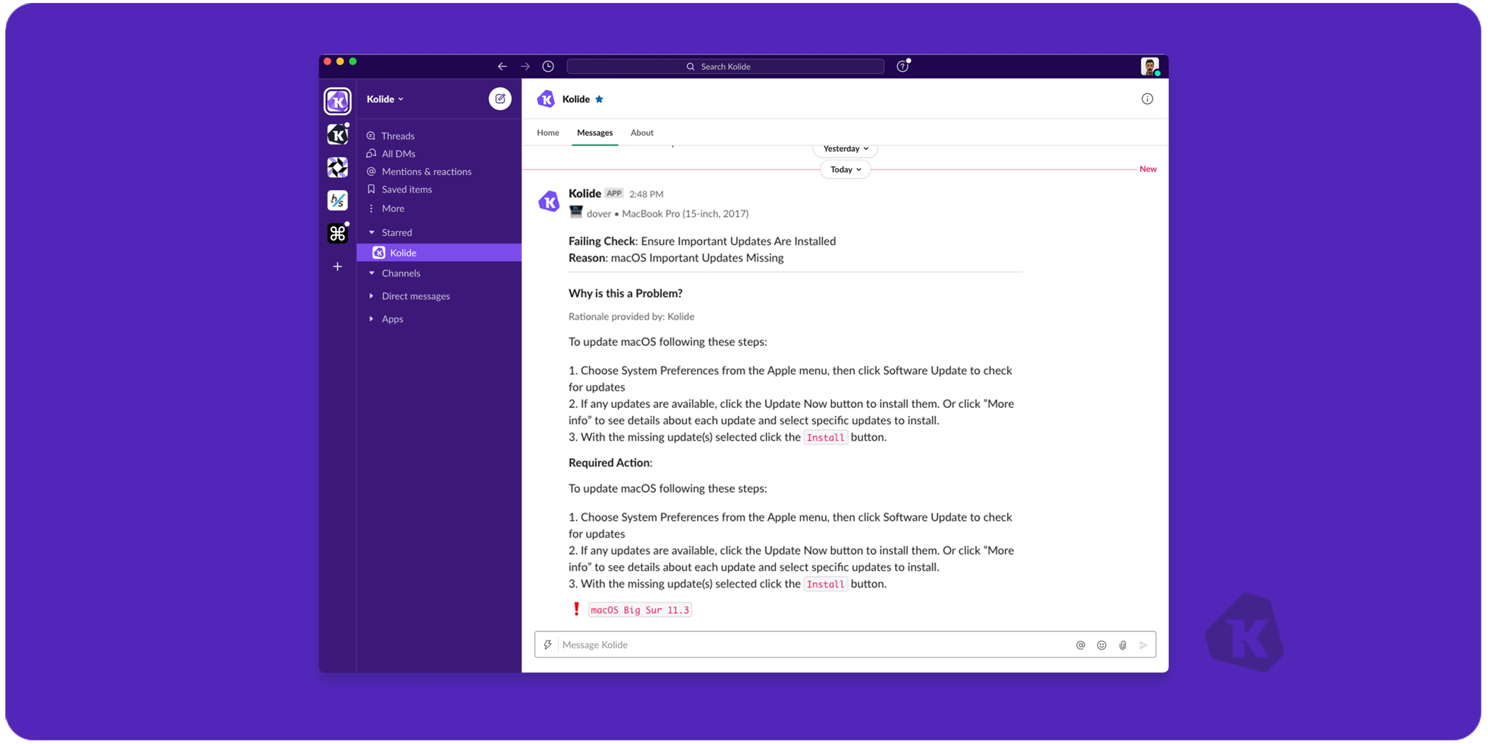 A screenshot of Kolide's Slack App displaying an issue notification for missing important updates.