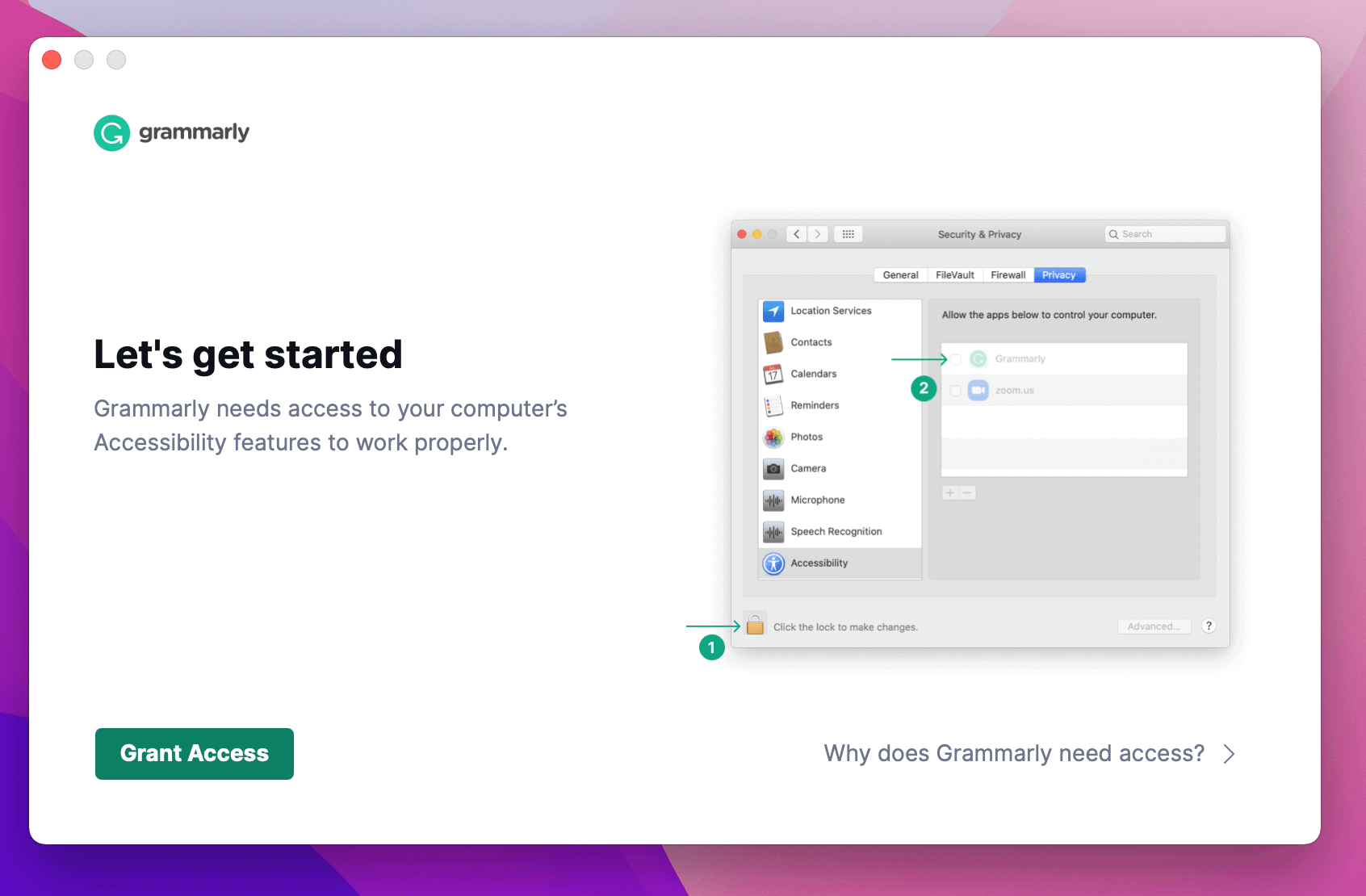 A screenshot of the installation screen for the macOS version of the Grammarly app. The screenshot asks the user to add Grammarly to the list of apps with accessibility permissions and offers a button to kick off that process.