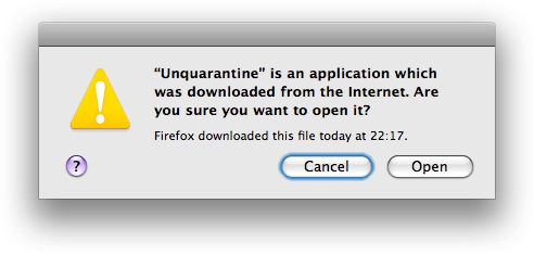 A screenshot showing the popup warning when a user downloads an application from the internet with File Quarantine.