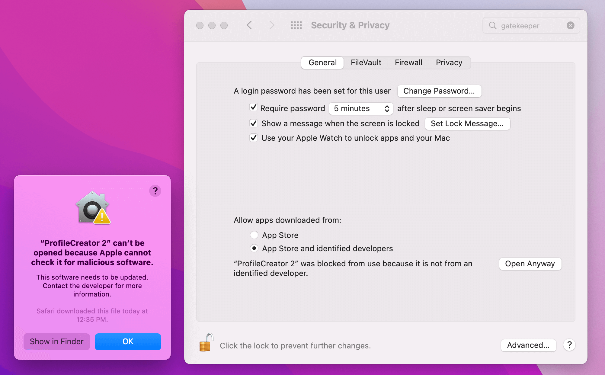 A screenshot of macOS Gatekeeper when on the security and privacy settings screen.