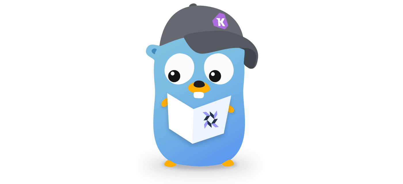 An image of the blue gopher, a symbol of the Go programming language, wearing a Kolide hat and reading from a pamphlet with the osquery logo on it