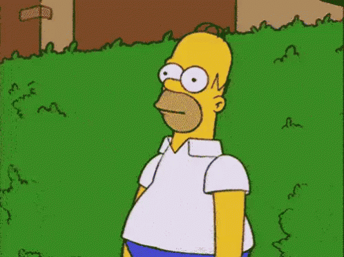 Looping animation of Homer Simpson with a stoic expression slowly walking backwards into a shrub