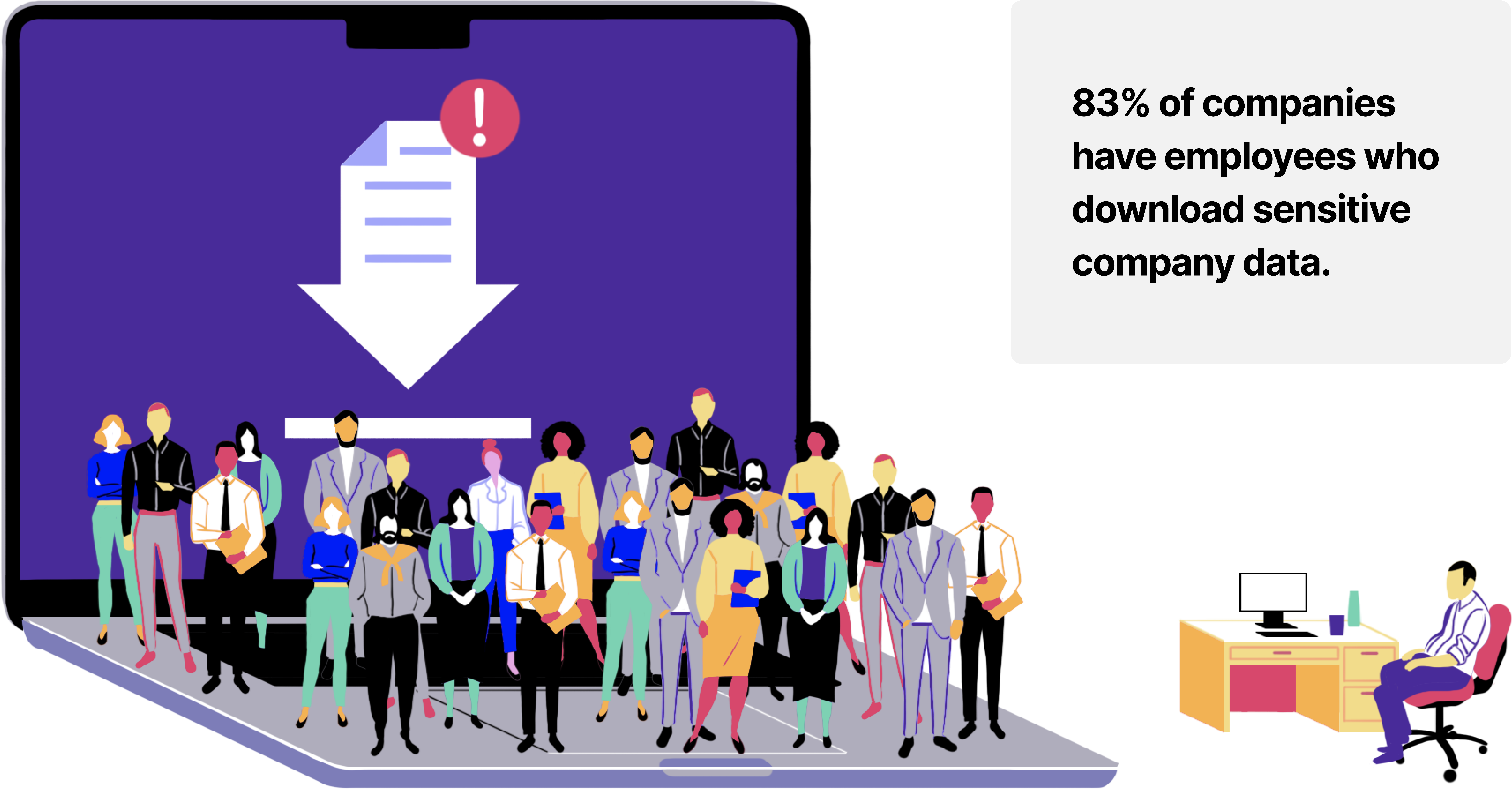 An infographic with a larger than life laptop and a group of people standing on top of the keyboard with a statistic stating: 83% of companies have employees who download sensitive company data.