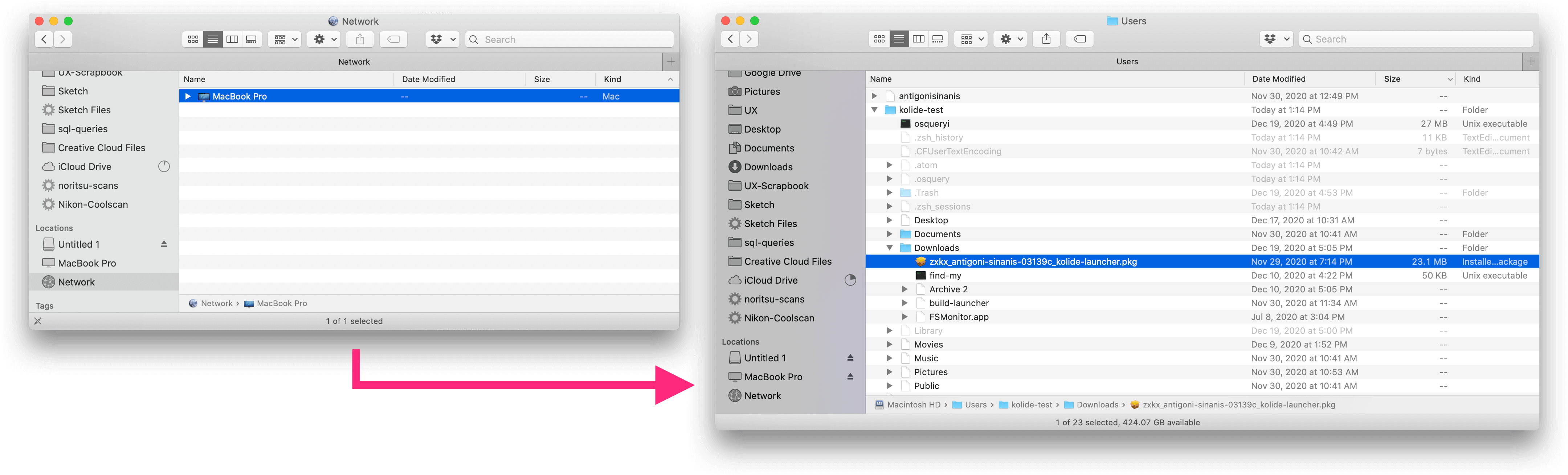 Two screenshots of macOS Finder showing how to access network mounted drives