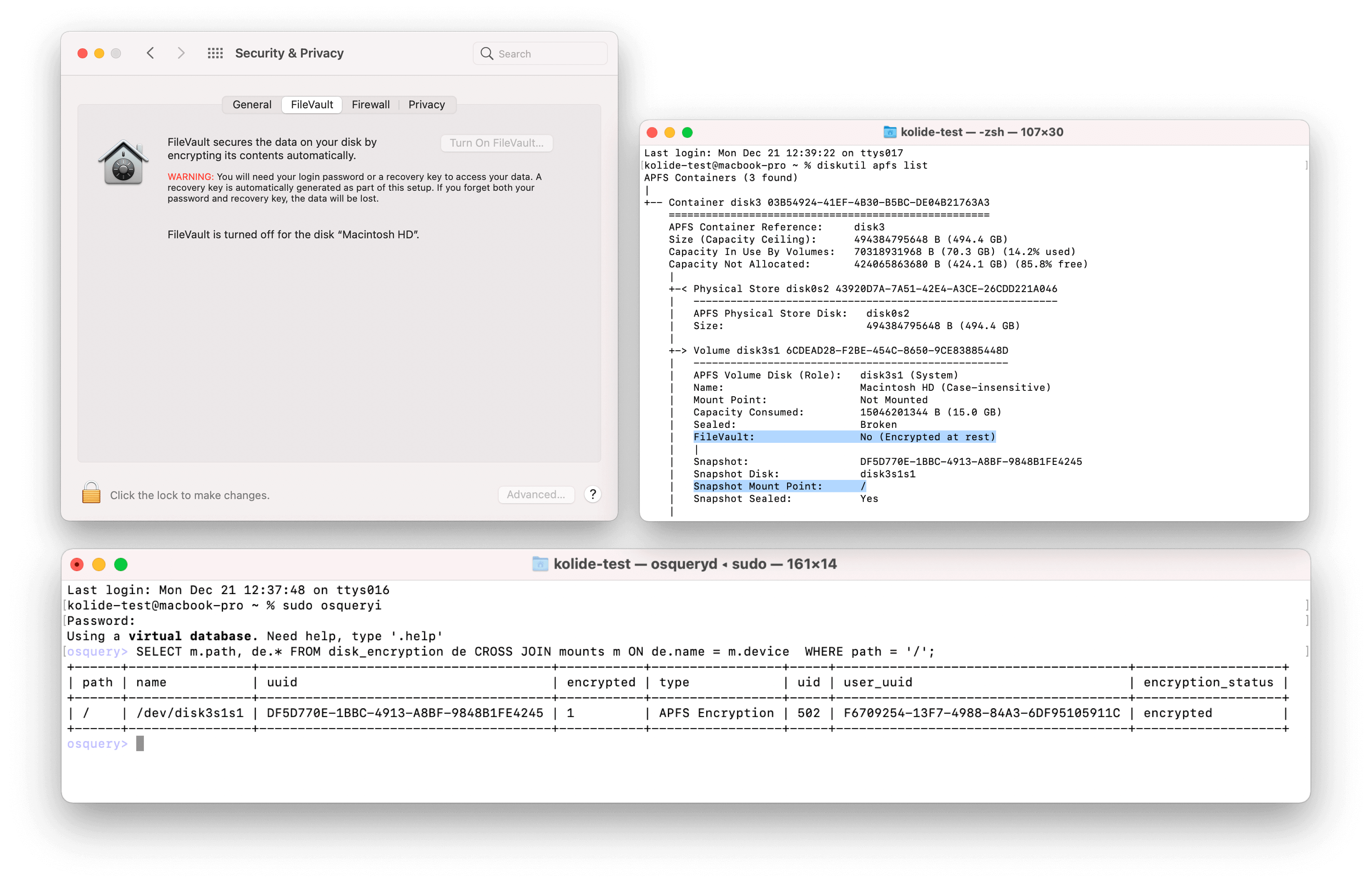Three screenshots of macOS. THe first is the macOS System Preferences FileVault status showing it disabled. The second is a terminal showing the output of `diskutil apfs list` which indicates the disk is encrypted but FileVault is off. THe third screenshot is a terminal running `osqueryi` showing the output of the query SELECT m.path, de.*, FROM disk_encryption de CROSS JOIN mounts m ON de.name = m.device WHERE path = '/'; which indicates the disk is encrypted but does not list the Filevault status