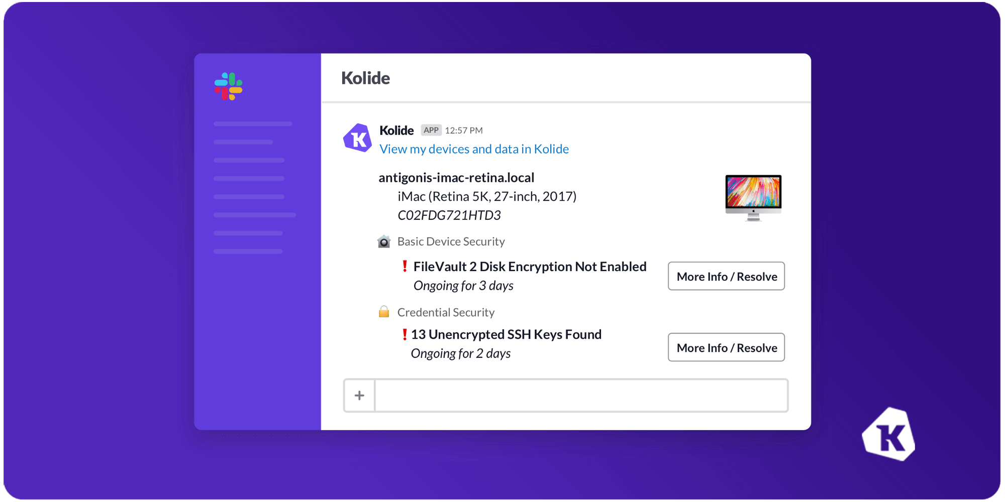 A high-level mock-up of Kolide's Slack application asking a user to fix several issues on their device