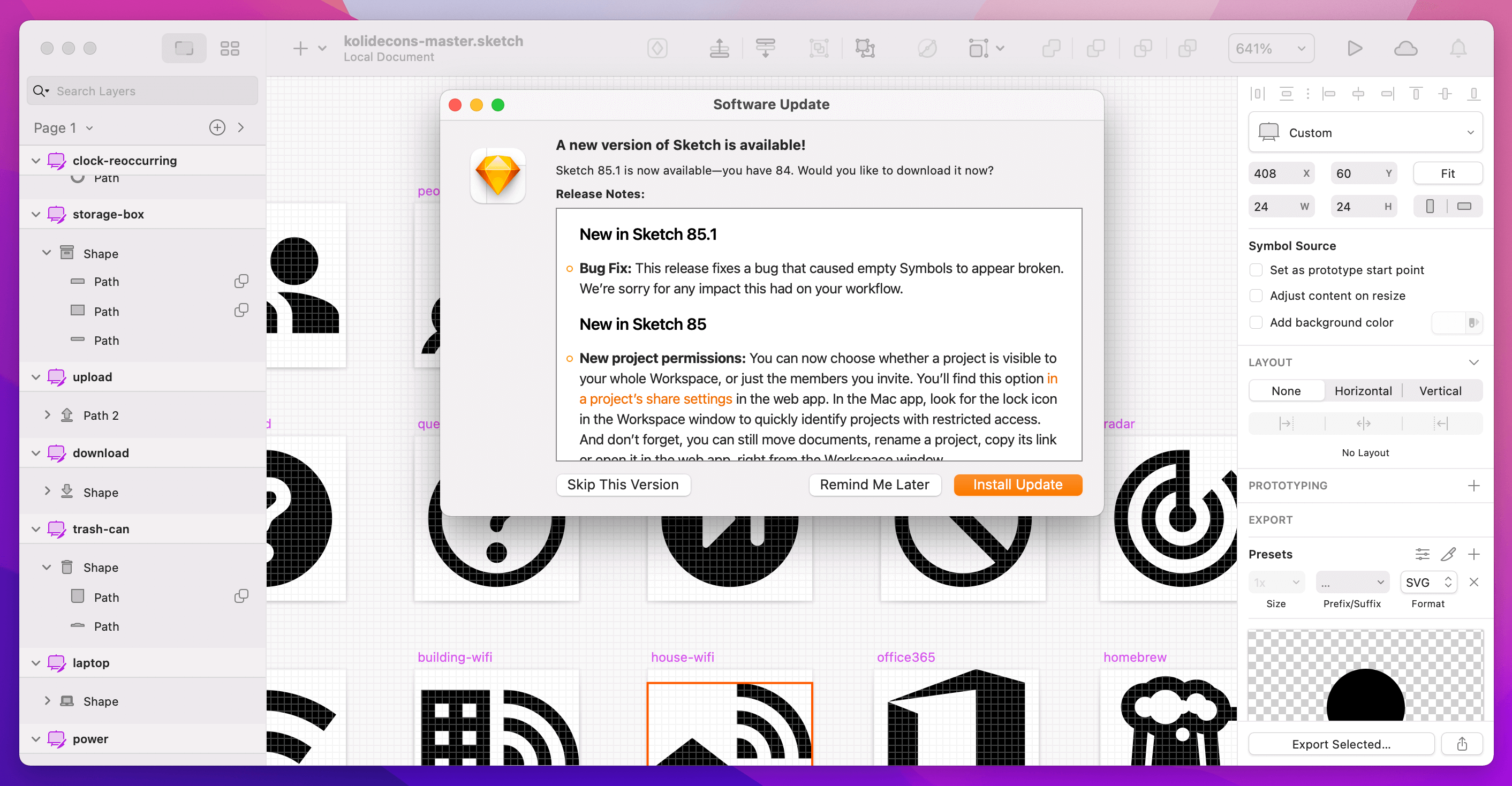A screenshot of Sketch.app with a dismissible update popup in the front