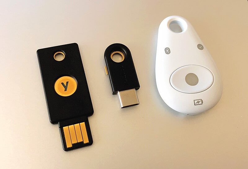 Three hardware security keys for secure second-factor or multi-factor authentication: a Yubico Yubikey 4 in both USB A and USB C form, as well as a Feitian MultiPASS FIDO security token, which uses NFC and Bluetooth