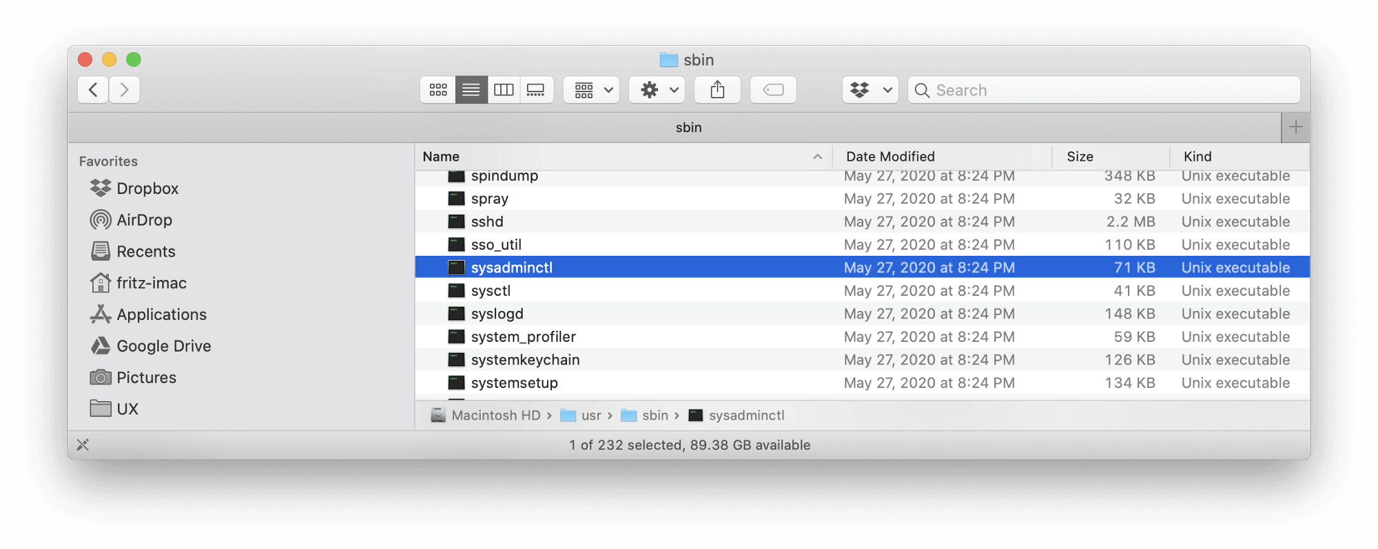 A screenshot of the macOS finder in a folder called sbin with the file sysadminctl selected