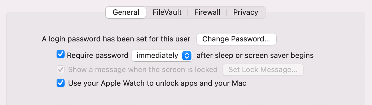 A screenshot of the macOS system preferences app cropped to the show the top half of the security pane, which includes options for when to require a password after the screensaver starts.