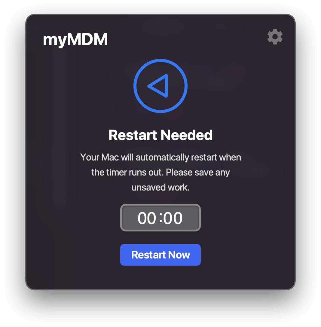 An MDM dialog box showing that a user's computer is about to automatically restart.