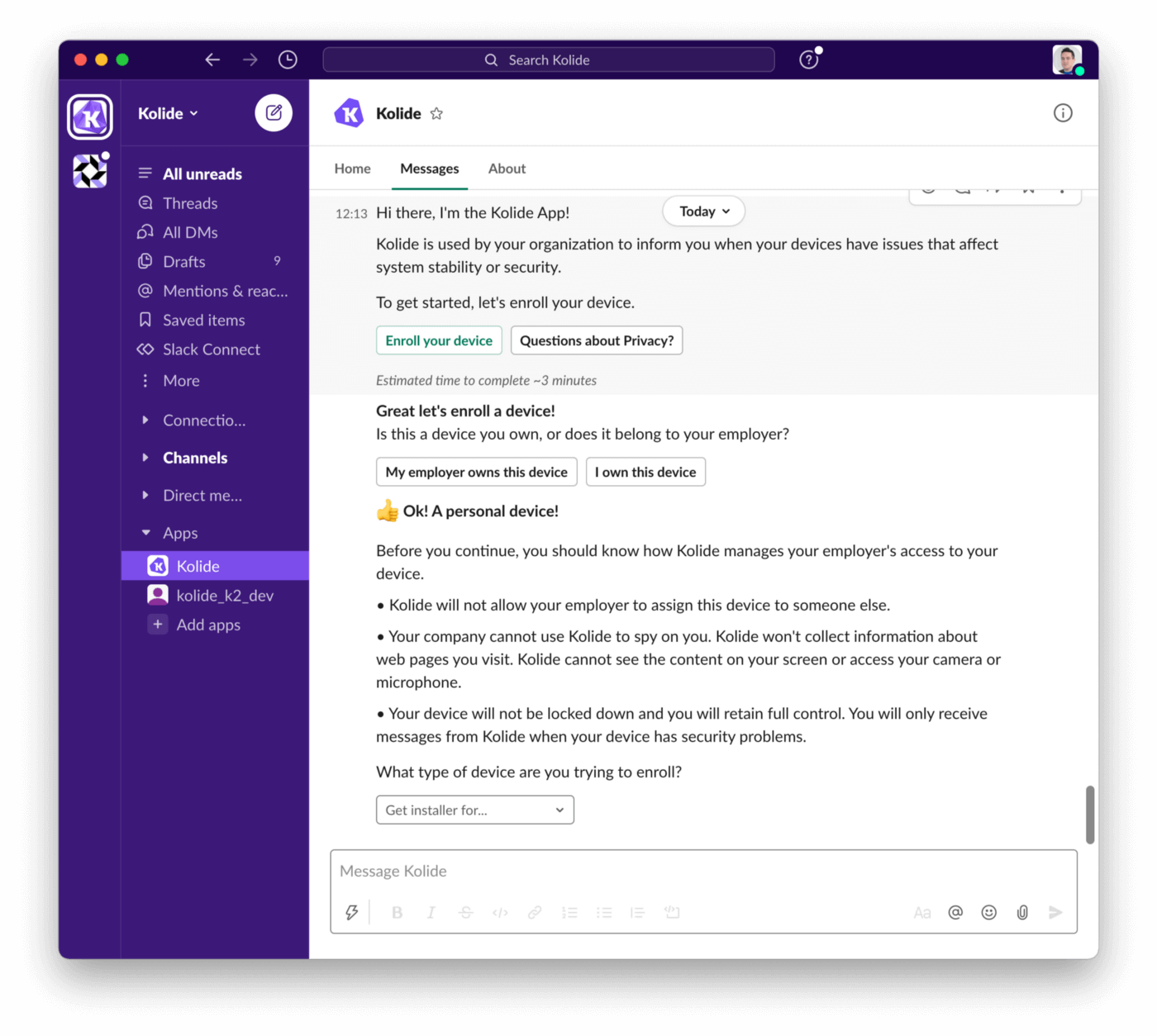 A screenshot of Slack showing the Kolide app. The Kolide app is asking an end-user to enroll a device and presents a dropdown menu of installers to choose from