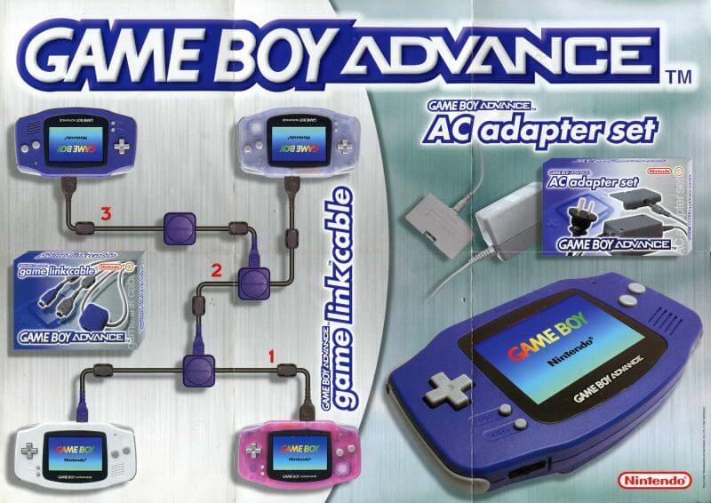 A networking diagram of several Gameboy Advance consoles connected via Game Link Cables
