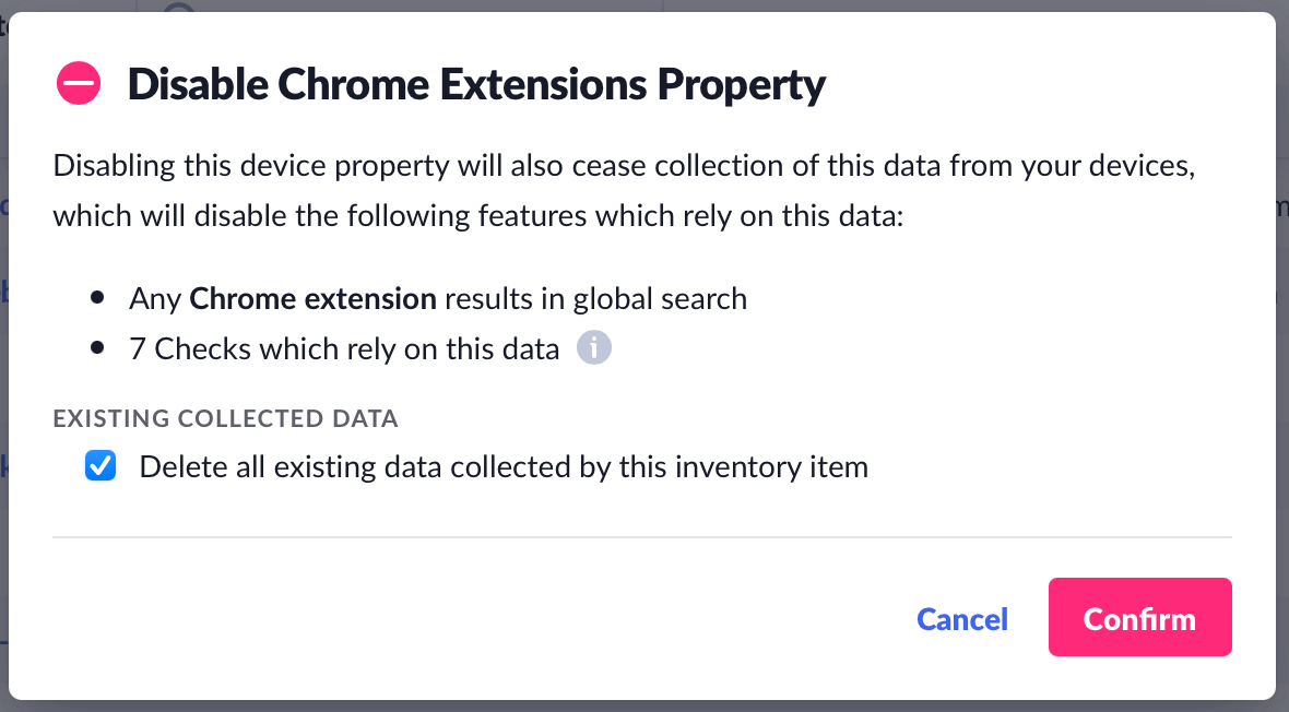 A screenshot of Kolide showing a modal dialog which explains the effects of disabling the chrome extension property collection in the product