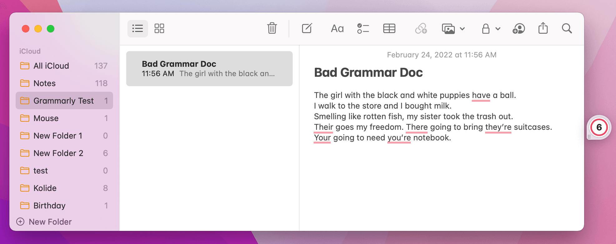The same Notes.app with the various grammatically incorrect sentences now with the Grammarly widget activated and the text marked up by Grammarly.