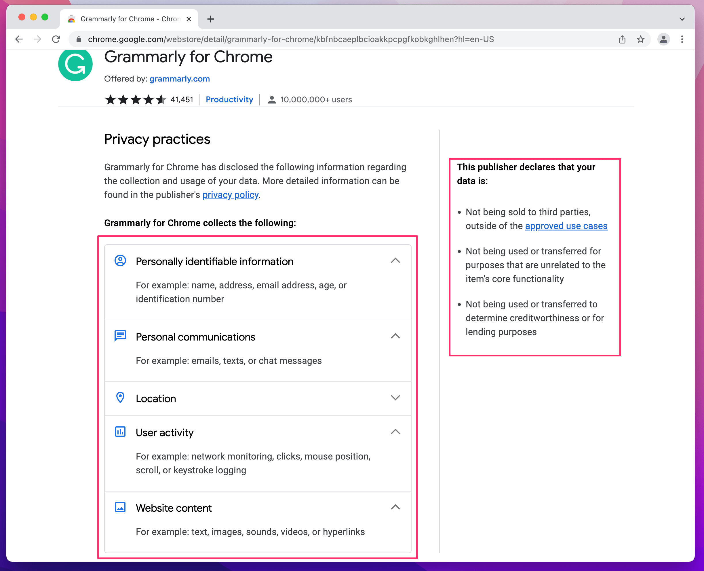A screenshot of the Grammarly privacy disclosure page on the Google Web Store. It shows that Grammarly collects and sends a lot of personal information including the contents of webpages, the location of the user, user activity, and personal communications