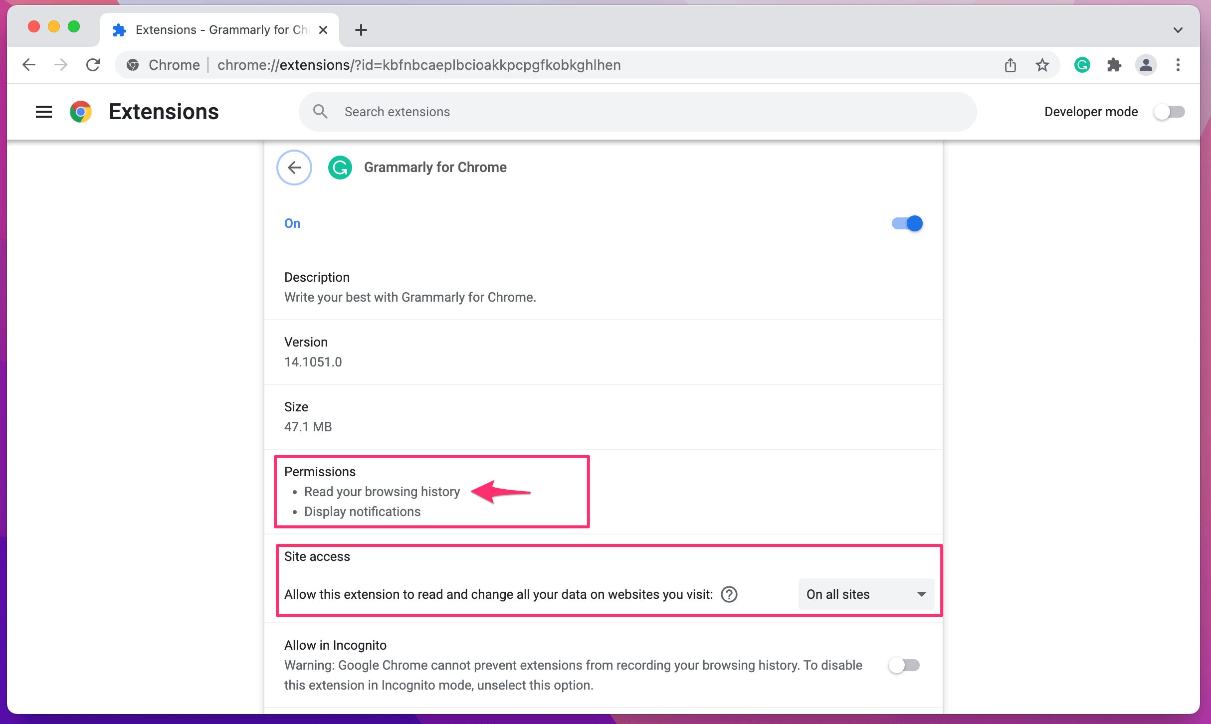 A screenshot of Google Chrome's extension configuration screen showing the various permissions that Grammarly asks for. Several items are highlighted, specifically that Grammarly has the ability to "Read Your Browser History"