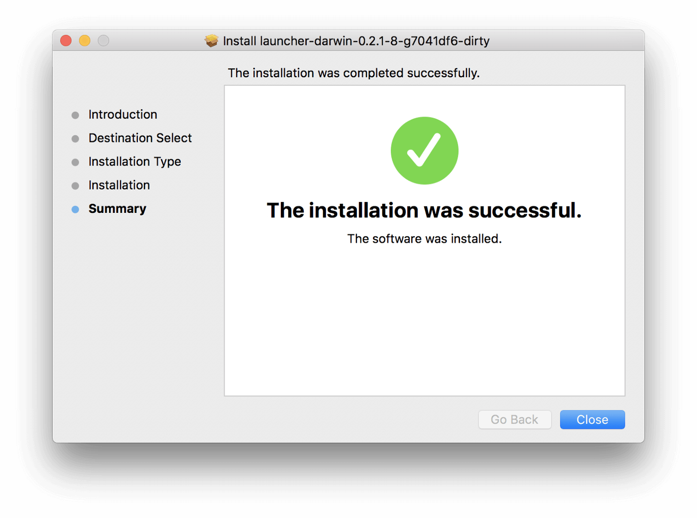 A window showing that the installation of the macOS package was successful