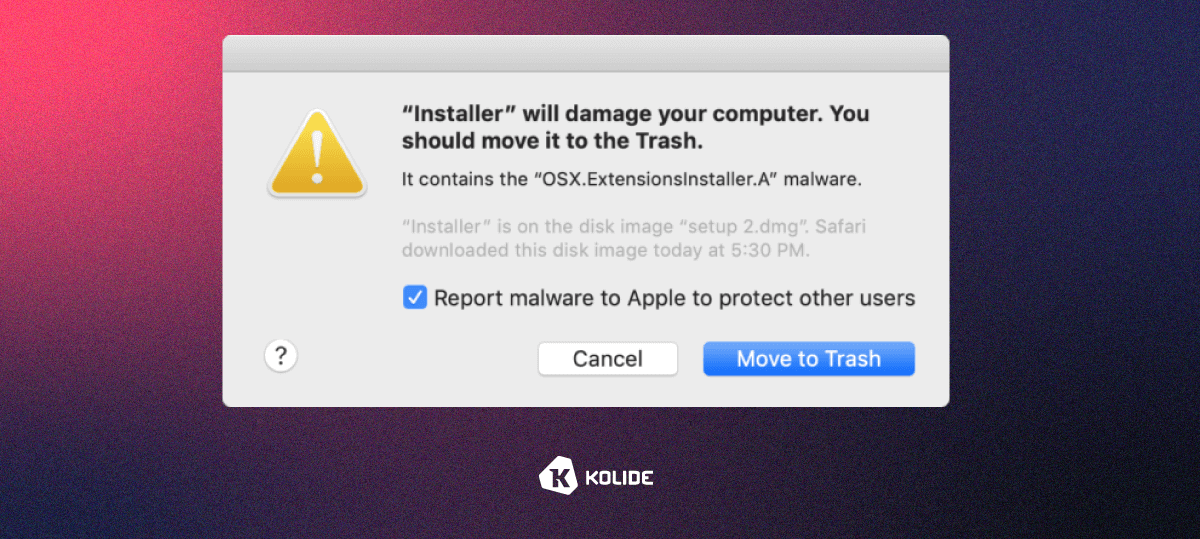 A screenshot of the an XProtect notification for an app called Installer.